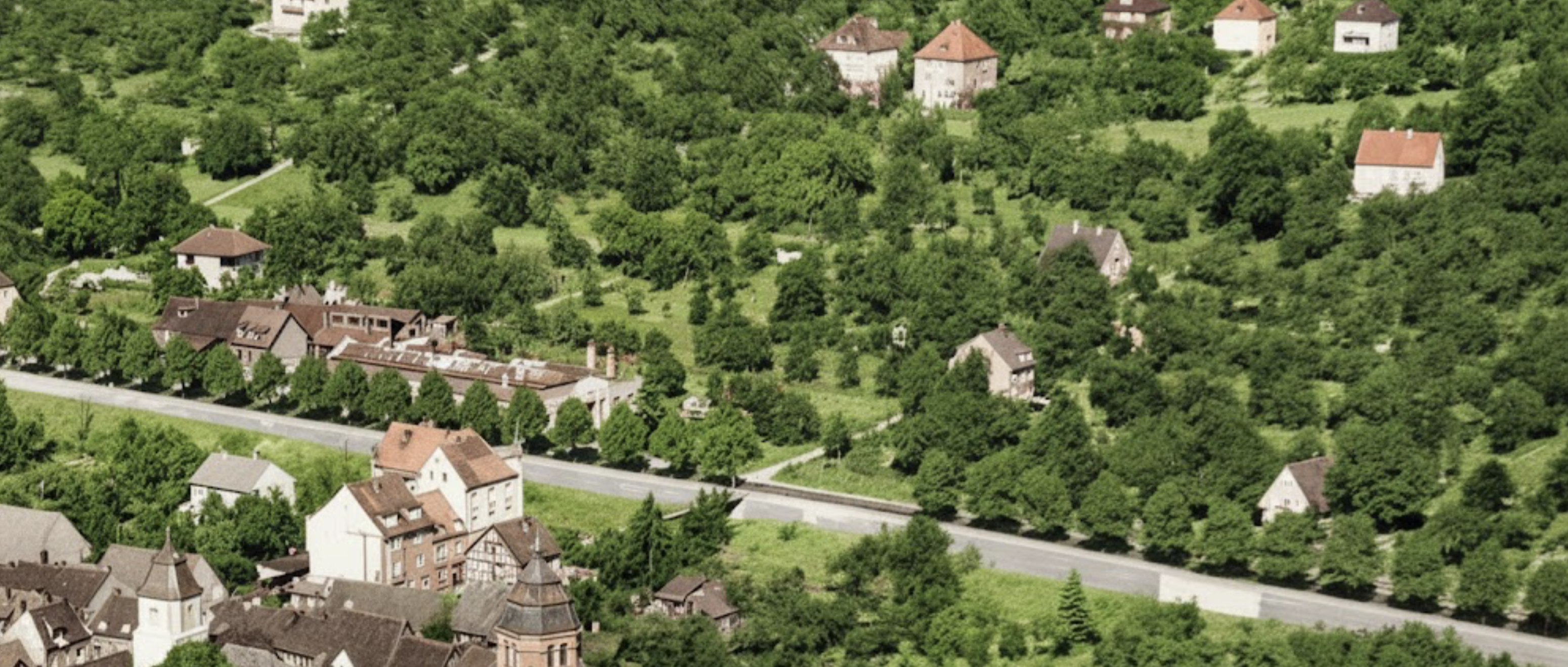 Hofäcker Maihälden 1958 - Luftbildaufnahme mit Bebauung und Kapellengebäude